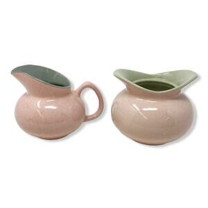 Vintage Harkerware Pink Grey‎ Speckled Pottery Cream Sugar MCM